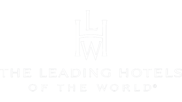 Logo The Leading Hotels of the World white on grey background