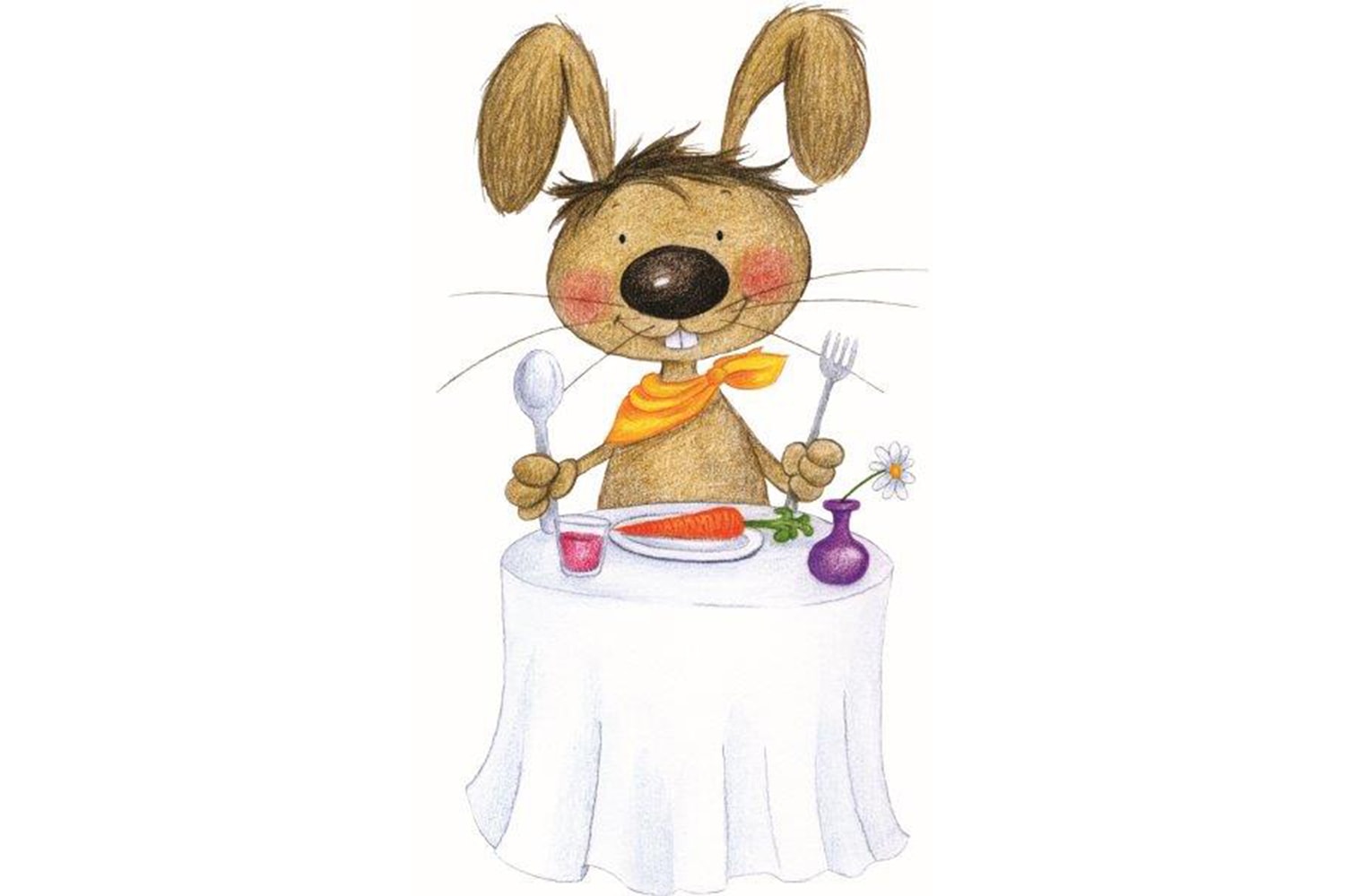 Eine Zeichnung eines Hasen, der an einem gedecktem Esstisch sitzt